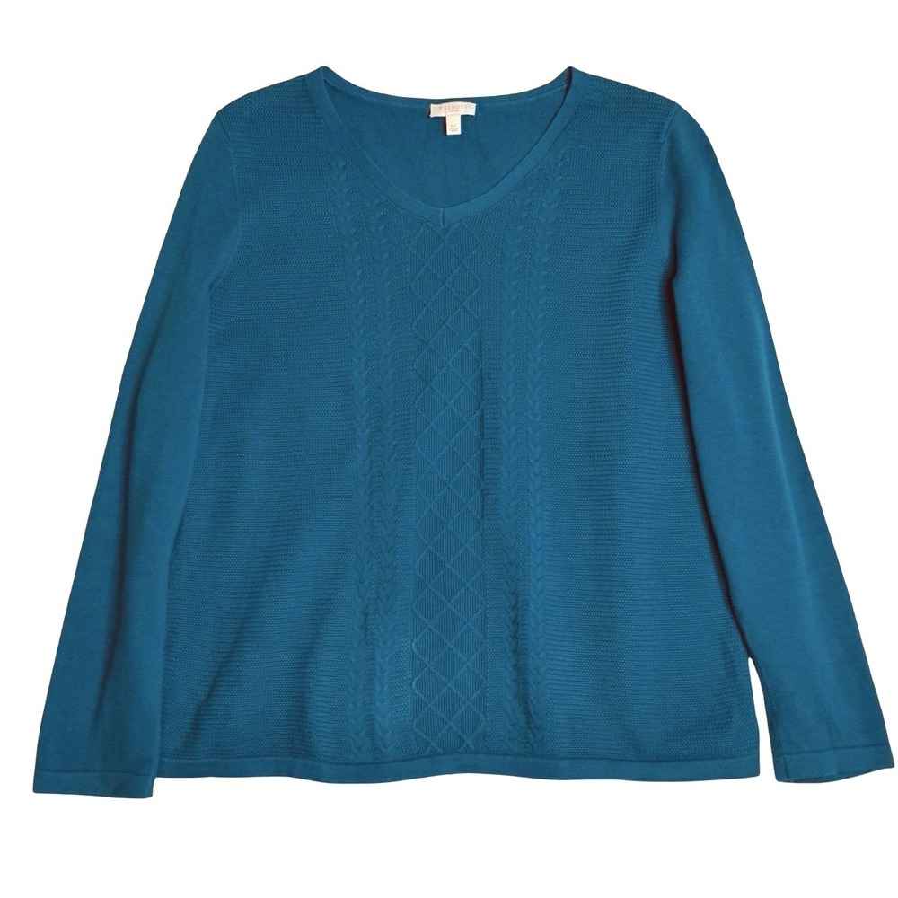 Talbots V-Neck Cable Knit Cotton Sweater Dark Teal Women's Size LP